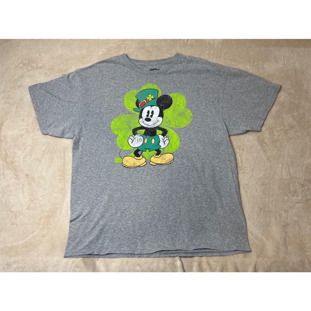 Disney Mickey Mouse St Patrick's Day Shirt XL Shamrock Distressed Gray HTF